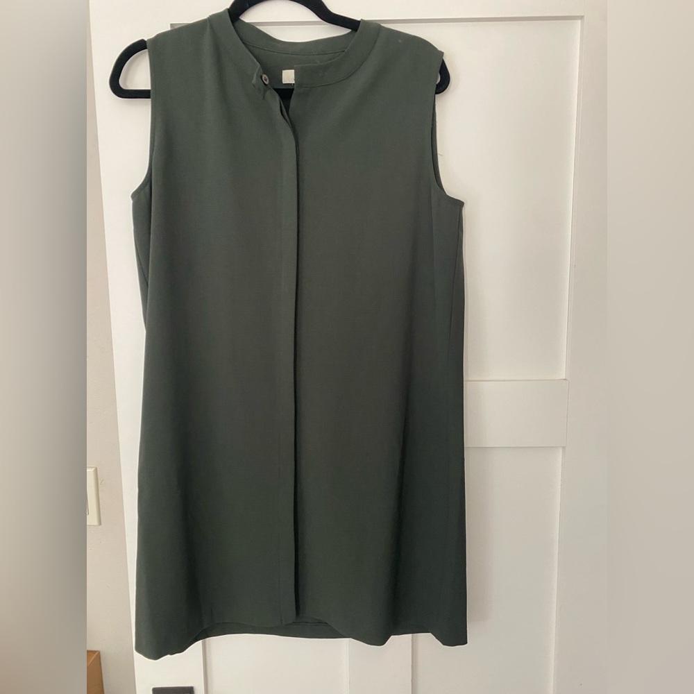 Halston, army green button down. shirt dress.